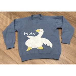 Wow Duck Goose Sweater Pullover Crew Knit Women's Size M Blue Animal Quirky Cozy